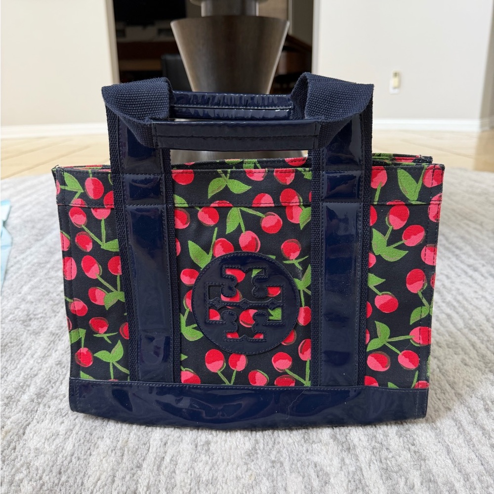 Tory Burch Cherry Print Tote in Navy and Red